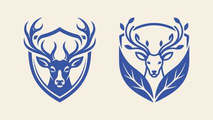 Obraz premium Stag head vector logo set with shield crest and leaf antlers for corporate branding and nature identity