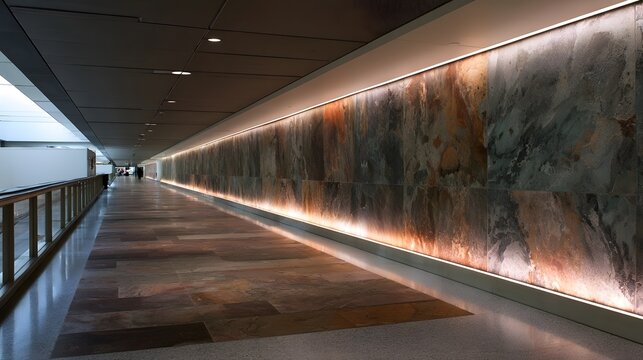 A three quarter view of an airport terminal walkway featuring rustic textures and shimmering glowing highlights