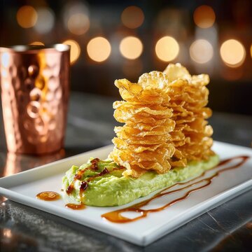 Crispy chicharron golden tower artistically plated on vibrant green avocado puree with caramel sauce drizzle in upscale Mexican restaurant setting