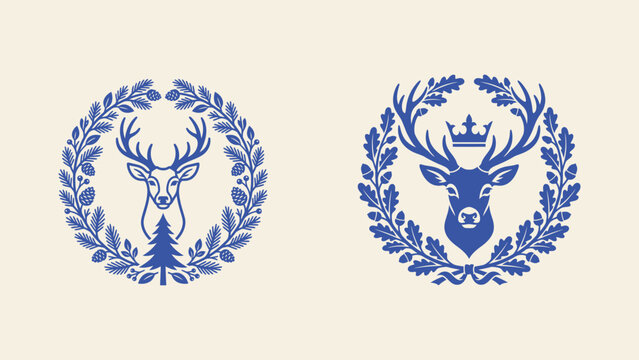 Heraldic deer head vector emblems with pine and oak leaf wreaths and crown for luxury branding and logo design