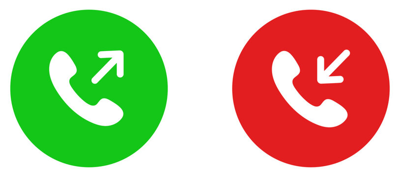 Phone call button icon set for answer, accept, decline, telephone, incoming and outgoing calls. Handset symbols for mobile communication, contact, dialing and telephony applications. Vector