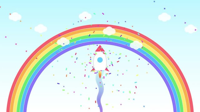 Animated Rocket Launching Through Rainbow Arc