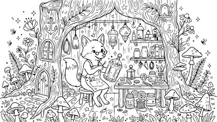 Fototapeta premium Friendly fox operating a magical lantern workshop inside a tree stump house, mushrooms, flowers and stars around, coloring book page, professional vector line art