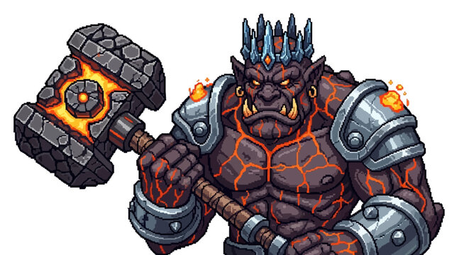 Powerful Orc Warrior Holding Fiery Hammer.