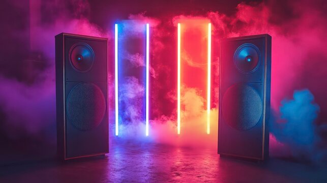 Two large speakers are set against a backdrop with vertical neon LED lights in vibrant colors, surrounded by a smoky atmosphere, evoking a lively and dynamic mood