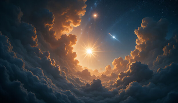 Majestic cosmic landscape with blazing star and nebular clouds in deep space