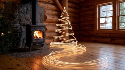 Obraz premium Cozy cabin interior presenting a glowing light trail christmas tree and a warm wood burning stove
