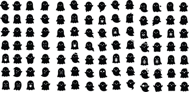 Silhouette of adorable ghost characters with various expressions