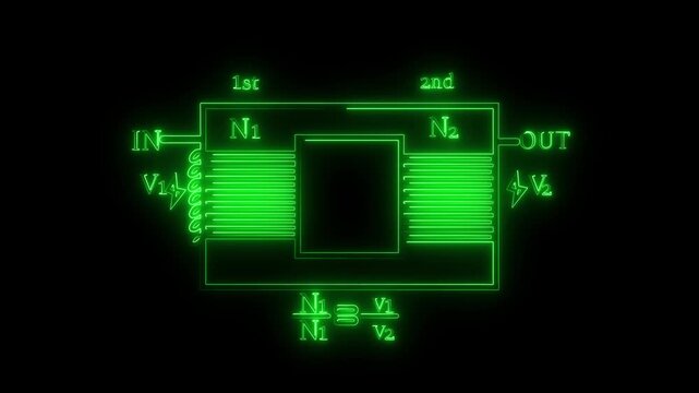 Neon glowing electrical transformer schematic animation loop