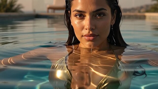 Sensual split-screen underwater view of a beautiful woman in a shiny gold bikini relaxing in a luxury swimming pool.