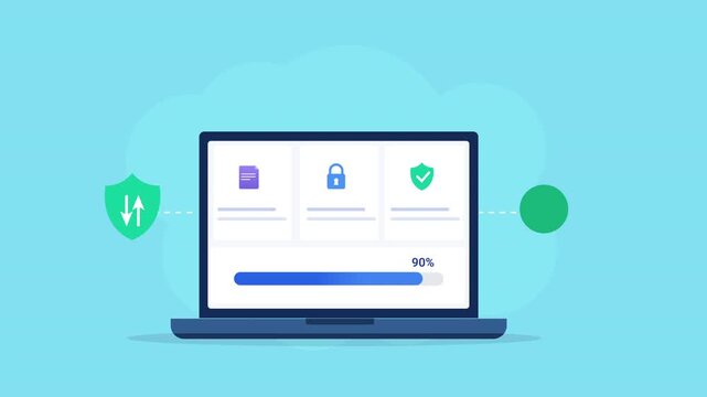 Animated flat vector illustration of a laptop displaying a cloud data protection dashboard with security, encryption, and verification icons. Modern cloud security, data privacy, and cybersecurity tec