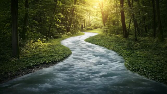 A river flows through a forest with trees and sunlight casting reflections on the water while plants grow along the banks