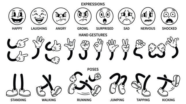 Black and white vector illustration set containing classic cartoon style faces hands and character body poses