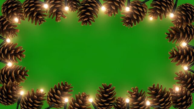 Pinecones with Christmas Lights Border on Green Screen with Cinematic Motion