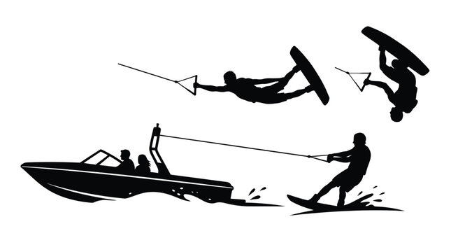 Black vector illustration showing active people wakeboarding behind a motorboat with dynamic and athletic poses