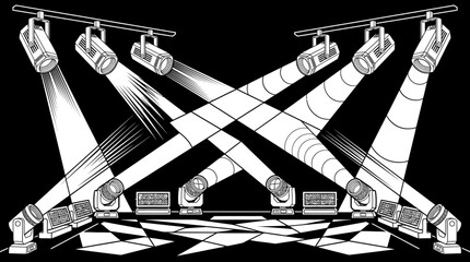 Ilustracja czarno-biała przedstawiająca scenę z wieloma reflektorami i światłami, tworzącymi dynamiczne wiązki światła na tle szachownicy.