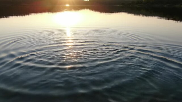 Ripples spreading on calm water surface during sunset with sun reflection