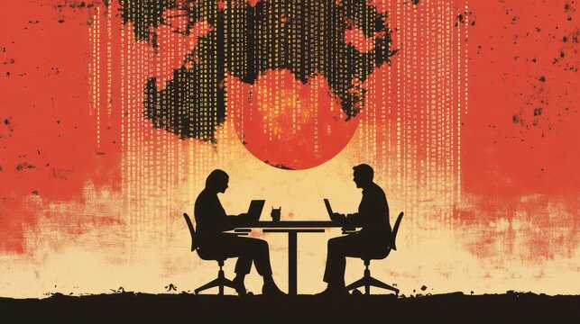 Silhouette illustration of a global business team working together and binary code