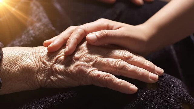 Young Person Comforting Elderly Person with Alzheimer and Memory Loss Symptoms by Holding Wrinkled Hands Together
