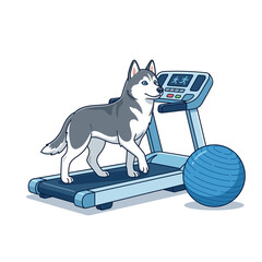 A happy husky dog is running on a treadmill with a blue exercise ball next to it. © davis