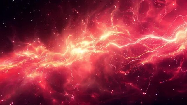 Red celestial nebula gas clouds with glowing stars emitting intense cosmic energy in space. Suitable for spacethemed designs.