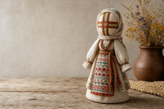 Traditional Ukrainian motanka rag doll on a rustic wooden table.