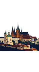 Fototapeta premium Vector illustration of Prague Castle complex including St. Vitus Cathedral and St. Nicholas Church in the Malá Strana district, Czech Republic, isolated on a white background.