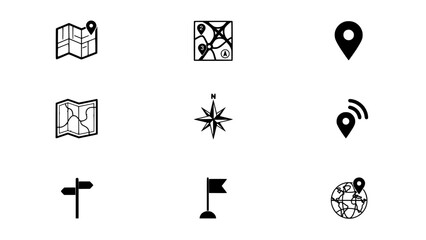 Fototapeta premium Icons Depicting Navigation and Travel Symbols in Black and White Vector Style Featuring Map, Compass, Pin with Location