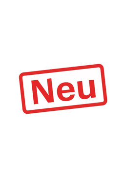 Red rectangular rubber stamp featuring German word Neu in sans-serif font tilted on white background factual graphic for product announcement and new arrival notification signal.