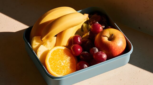 A healthy compact food box filled with fresh fruit slices is bathed in a warm golden glow