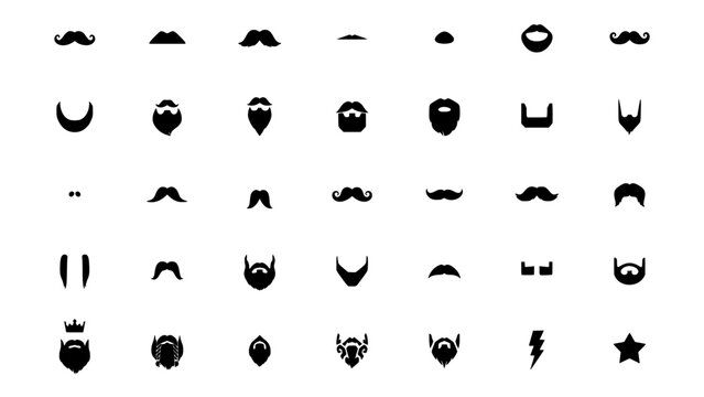 Mustache Icon Set, Black and White Vector Symbols with Faces and Grooming Style for Creative Design Featuring Icons, Collection