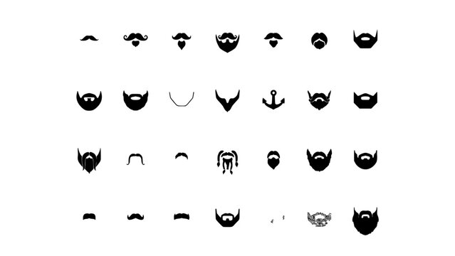 Beards and Mustaches in Various Styles and Shapes, Black and White Vector Illustrations Featuring Facial Hair, Illustration