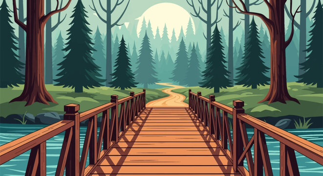 Vector illustration of a wooden bridge crossing a blue stream in an evergreen forest featuring pine trees and a winding path under a pale sun background.