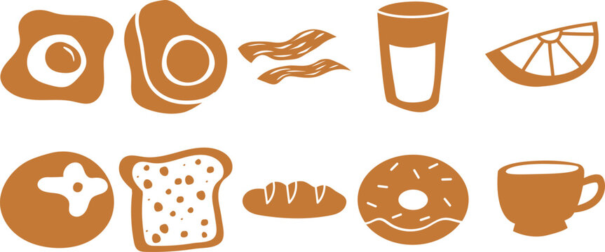 Collection of breakfast food silhouettes isolated on white background, hand drawn brown doodles of fried egg, avocado, bacon, toast, coffee cup, and donut for morning cafe menu