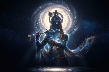 Naklejka premium Krishna Cosmic Galaxy Silhouette – Divine Celestial Wallpaper 