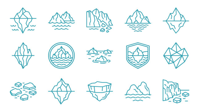 Glacial mountain and arctic environment line icons