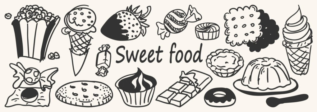 Sweet food and desserts vector elements collection. Hand drawn line art doodle set of ice cream, cupcake, chocolate bar, candies, and cookies. vector illustration