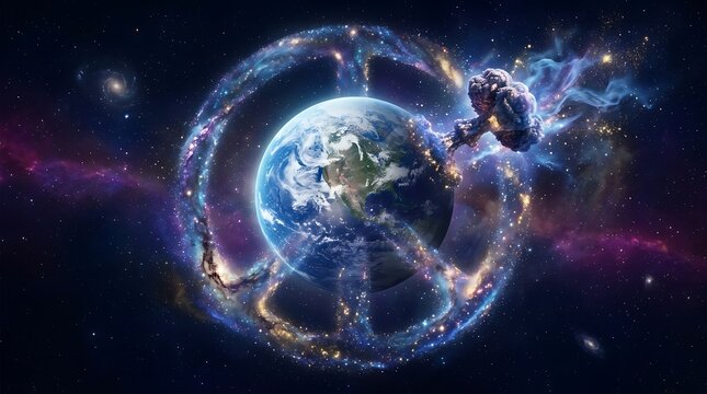 Earth Surrounded by Peace Sign and Nuclear Explosion in Space