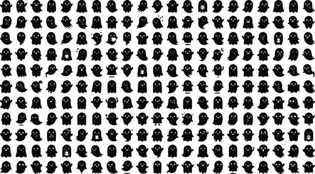 Silhouette of various black ghost emojis on white background