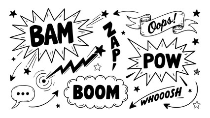 Comic Book Sound Effects with Words Like Bam, Zap, Pow, Boom, and Whoosh in Bold Letters Featuring Oops, Onomatopoeia, Action © Komol