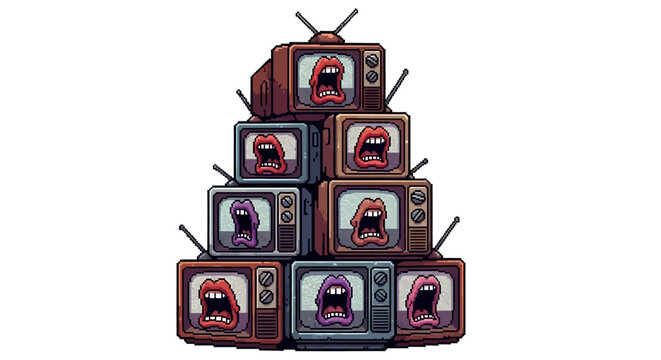 Stack of vintage televisions displaying mouths screaming.