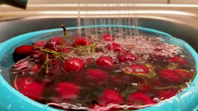 Water from the faucet falls into a blue colander of red cherries, lifting bubbles around the stems and glossy fruit inside a kitchen sink at close range.