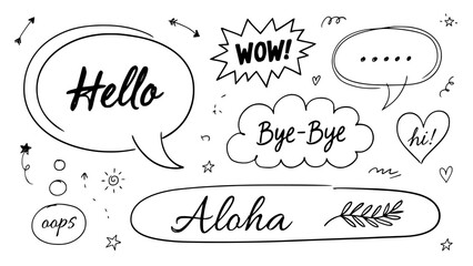 Speech Bubbles with Various Text and Doodle Elements, Hand-Drawn in Black Outline on a White Background, Perfect for Communication © Komol