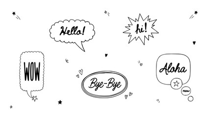 Speech Bubble Set with Hand Drawn Doodle Text and Icons, Including “Hello”, “Hi!”, “Wow”, and “Aloha”, for Creative Design © Komol