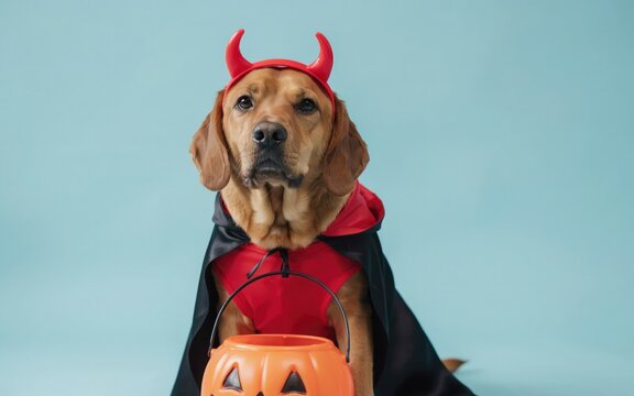 Dog in devil costume with pumpkin bucket for halloween