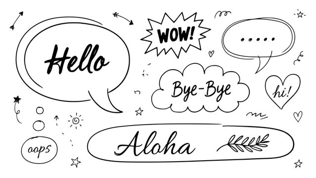 Speech Bubbles with Various Text and Doodle Elements, Hand-Drawn in Black Outline on a White Background, Perfect for Communication