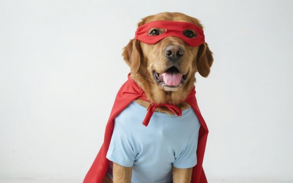 Golden retriever superhero dog in red cape and mask studio portrait