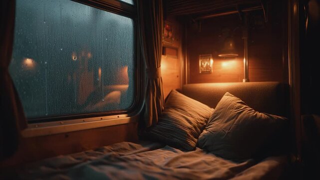 Cozy Sleeper Train Cabin with Rain on Window