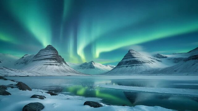 Northern lights dancing over snow capped mountains and icy lake