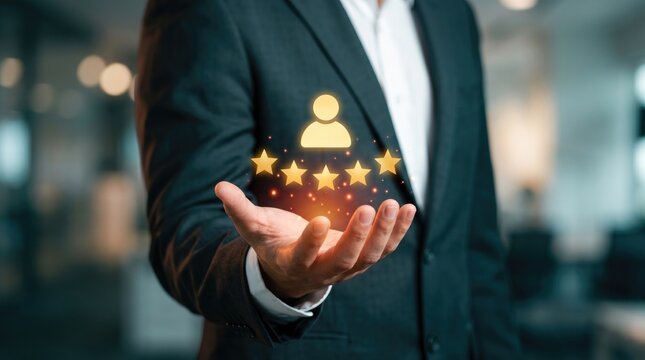 Corporate Executive Cradling Glowing Five-Star Customer Icon to Represent Premium Service Excellence, Client Loyalty, and Experience Management Strategy
